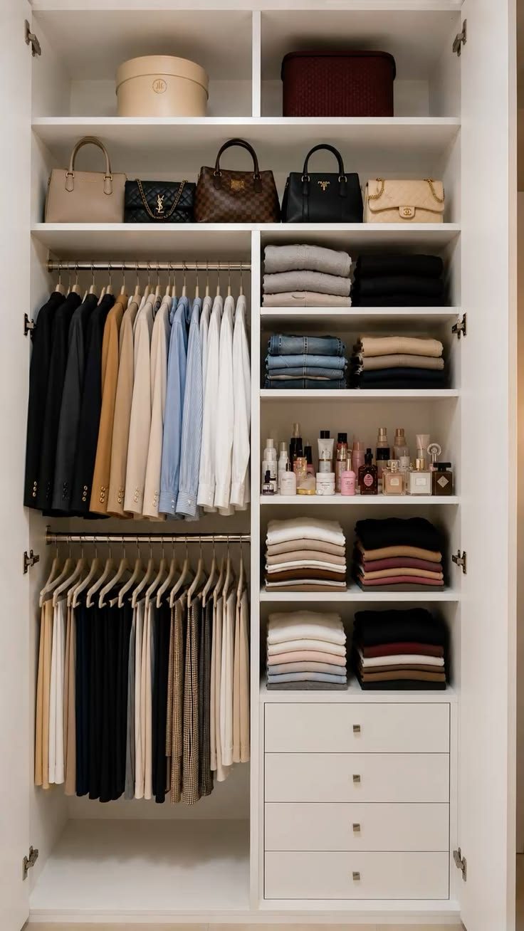 An organised closet with folded clothing, bags and drawers