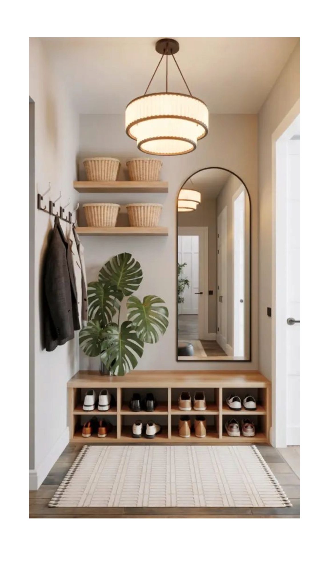 A styled entryway with mirror, shelving and shoe storage