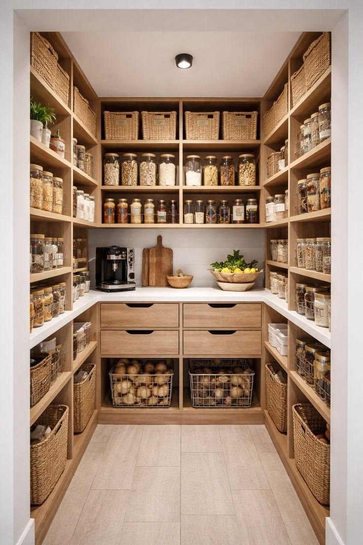 A fully organised pantry with baskets and labelled jars